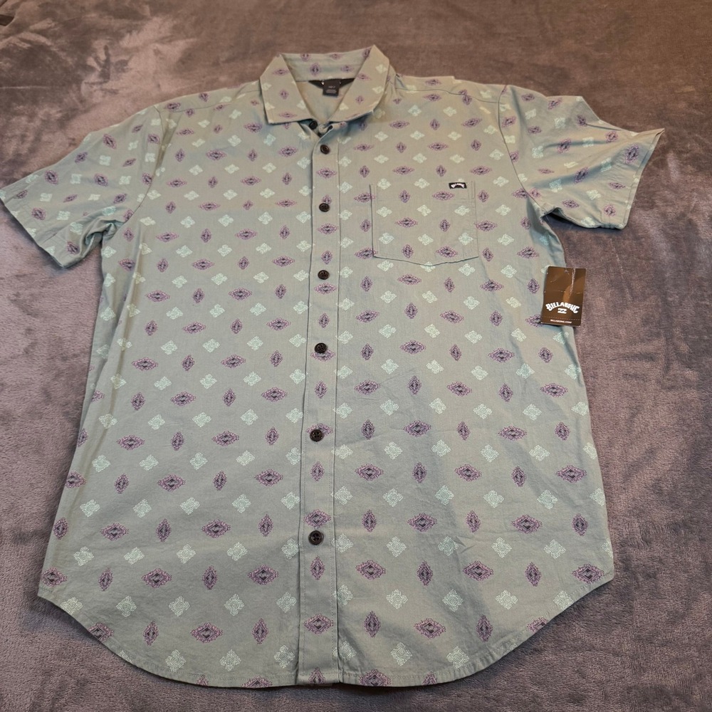 Billabong Chase SS Mens Small Sage Green Geometric Diamond Button Down Shirt NWT